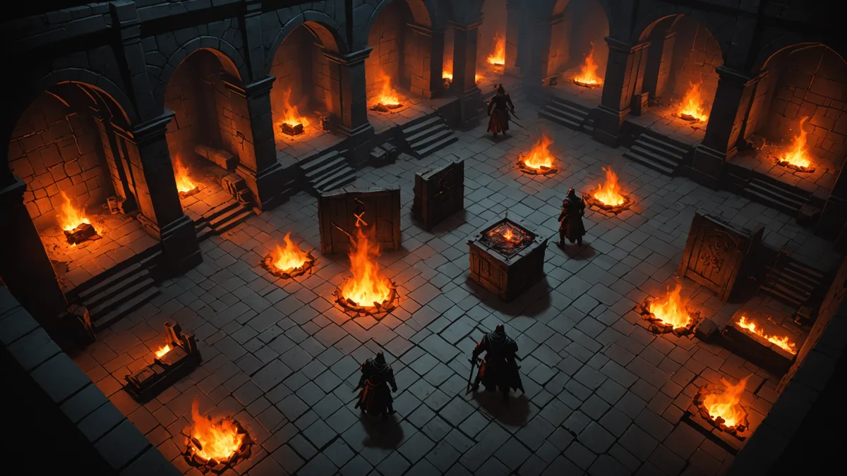 Ruinveil combat room: enemies in a narrow corridor lit by ember fire, dark stone walls, environmental traps visible