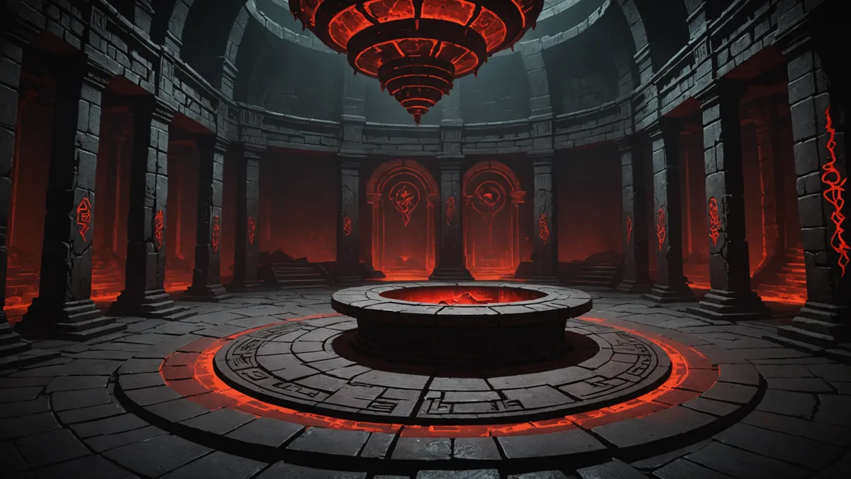 Ruinveil boss chamber: a large circular room with ancient rune carvings, a central raised platform, ominous red light from below